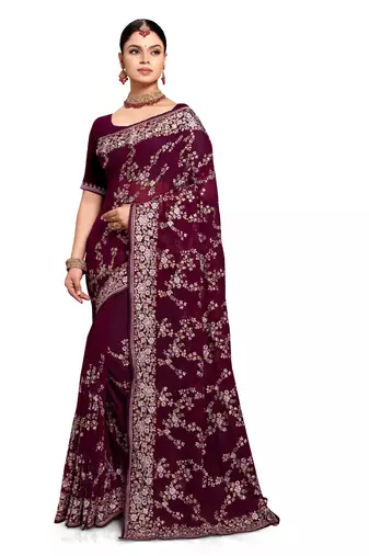 Designer wine heavy resham embroidery work saree