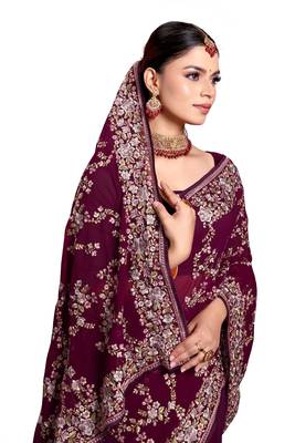 Designer wine heavy resham embroidery work saree 5