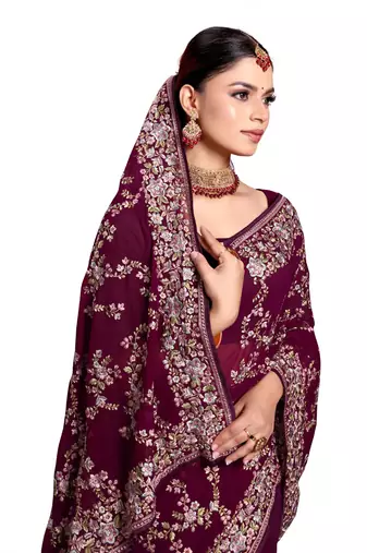 Designer wine heavy resham embroidery work saree