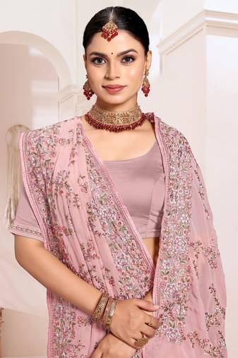 Designer dusty pink heavy resham embroidery work saree
