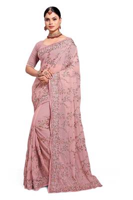 Designer dusty pink heavy resham embroidery work saree 3