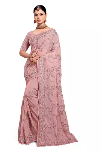 Designer dusty pink heavy resham embroidery work saree