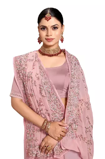 Designer dusty pink heavy resham embroidery work saree