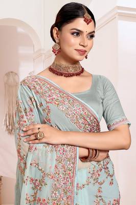 Designer sea green heavy resham embroidery work saree 1