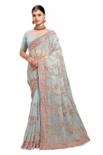 Designer sea green heavy resham embroidery work saree