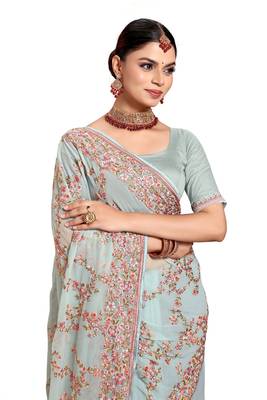 Designer sea green heavy resham embroidery work saree 4
