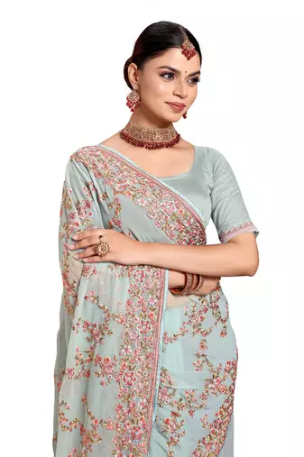 Designer sea green heavy resham embroidery work saree