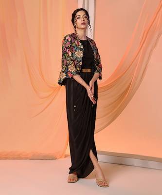 Black aarani embellished drape dress set 1