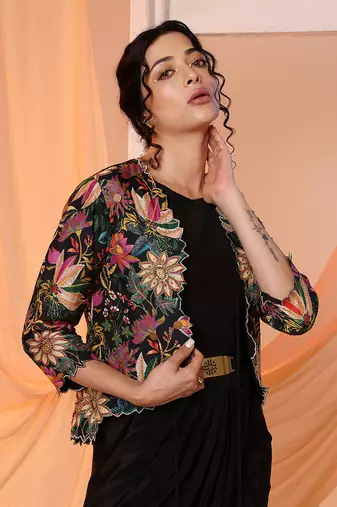 Black aarani embellished drape dress set