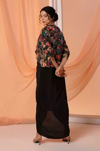 Black aarani embellished drape dress set