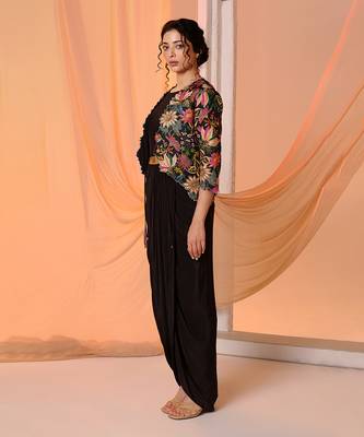 Black aarani embellished drape dress set 4