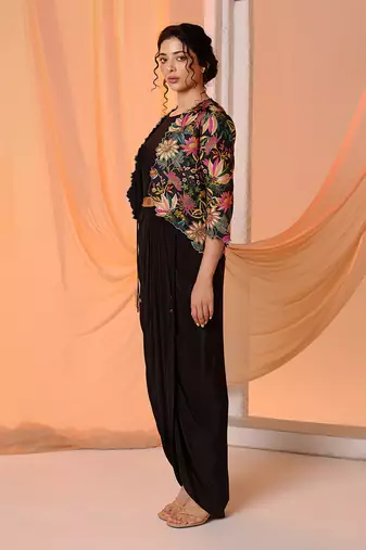 Black aarani embellished drape dress set