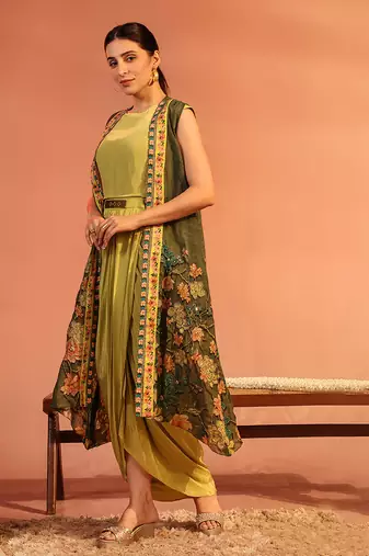 Green sadira embellished drape dress set
