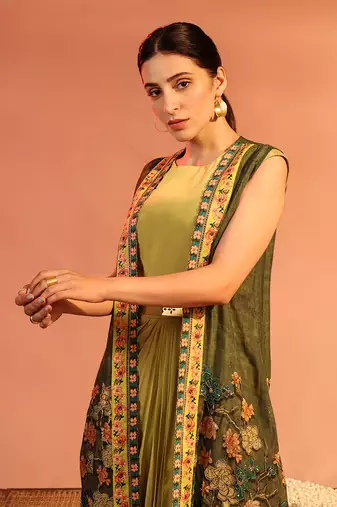 Green sadira embellished drape dress set