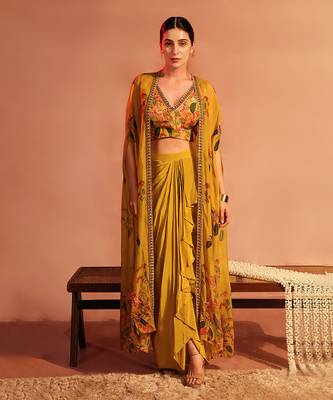 Yellow tamaya embellished drape skirt set with cape 1