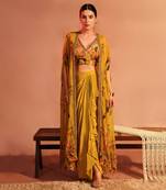 Yellow tamaya embellished drape skirt set with cape