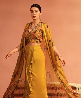 Yellow tamaya embellished drape skirt set with cape 3