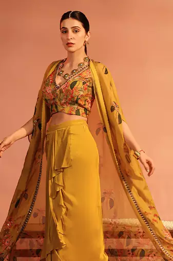 Yellow tamaya embellished drape skirt set with cape