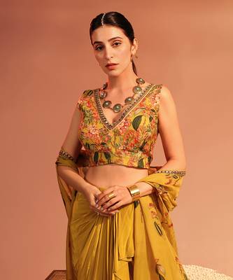 Yellow tamaya embellished drape skirt set with cape 4