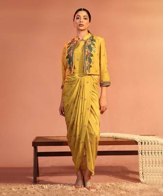 Yellow  tamaya embroidered drape dress with jacket 1