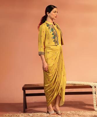 Yellow  tamaya embroidered drape dress with jacket 2