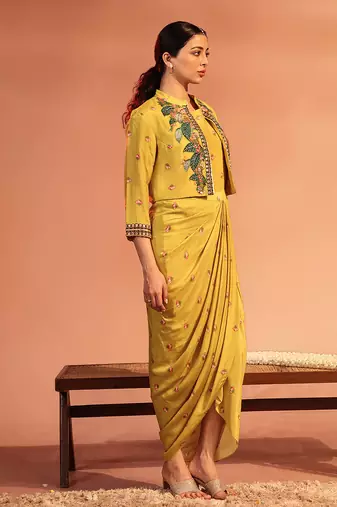 Yellow  tamaya embroidered drape dress with jacket