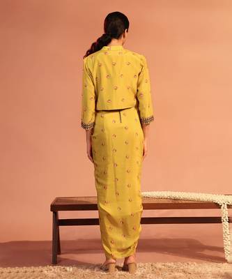 Yellow  tamaya embroidered drape dress with jacket 3
