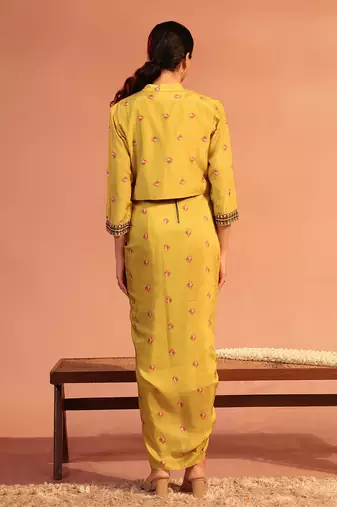 Yellow  tamaya embroidered drape dress with jacket
