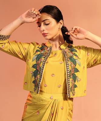 Yellow  tamaya embroidered drape dress with jacket 4