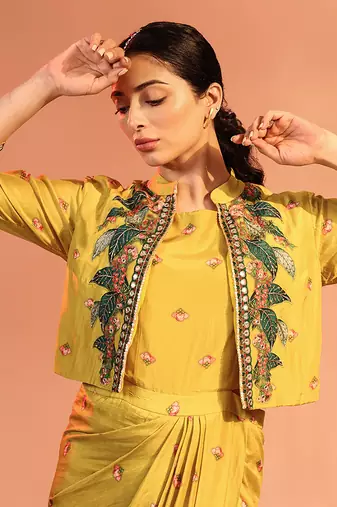 Yellow  tamaya embroidered drape dress with jacket