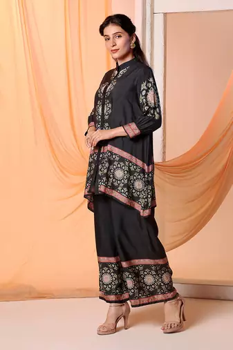 Black eraya embellished co-ord set with gathered sleeves