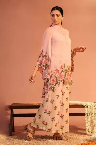 Baby pink aarani asymmetric sequin co-ord set