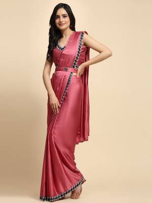 sareez4u pink sequin work satin silk saree fabric pre draped saree with stitched blouse free size 1