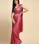 Sareez4u Pink Sequin Work Satin Silk Saree Fabric Ready To Wear Saree With Stitched Blouse Free Size