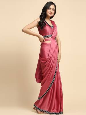 sareez4u pink sequin work satin silk saree fabric pre draped saree with stitched blouse free size 2
