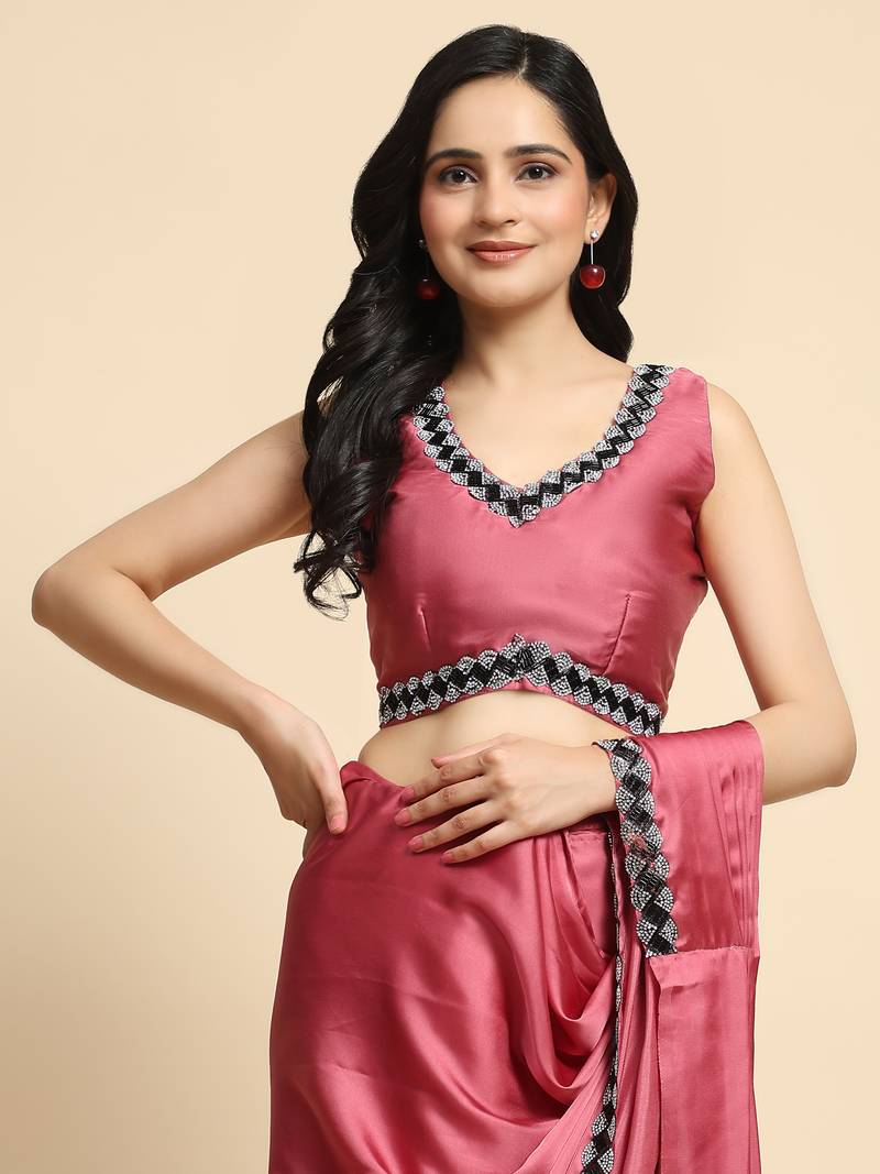 Sareez4u Pink Sequin Work Satin Silk Saree Fabric Ready To Wear Saree With Stitched Blouse Free Size