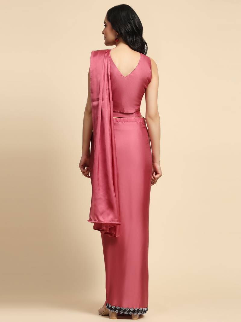 Sareez4u Pink Sequin Work Satin Silk Saree Fabric Ready To Wear Saree With Stitched Blouse Free Size