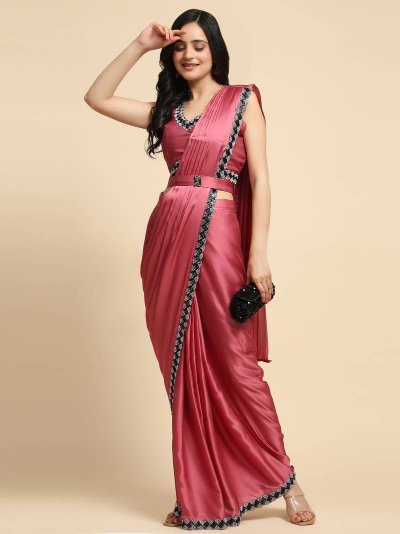 Sareez4u Pink Sequin Work Satin Silk Saree Fabric Ready To Wear Saree With Stitched Blouse Free Size