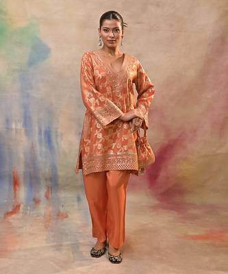 Coral orange brocade cord set 1