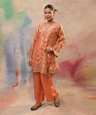 Coral orange brocade cord set 2