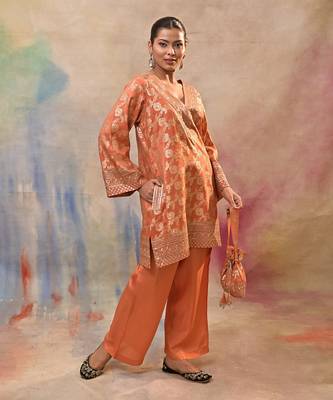 Coral orange brocade cord set 3