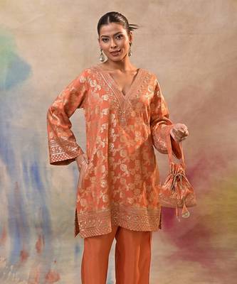Coral orange brocade cord set 4