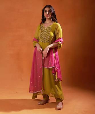 Olive green and pink embroidered salwar kameez set 1