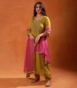 Olive green and pink embroidered salwar kameez set