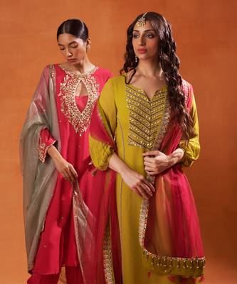 Olive green and pink embroidered salwar kameez set 5