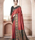 Red kanjivaram silk blend with Rich Gold Border And Elephant Motifs Saree With Blouse For Women