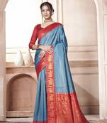 Dark Teal kanjivaram silk blend with Rich Gold Border And Elephant Motifs Saree With Blouse For Women