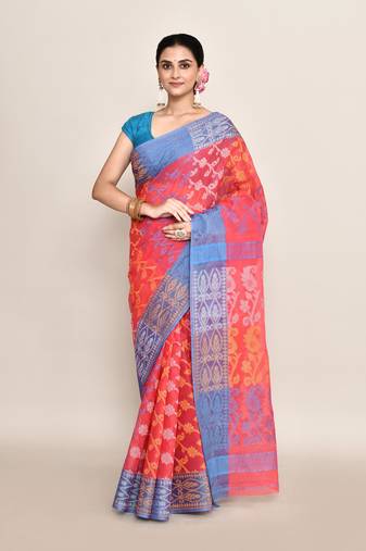 Pure cotton floral work tant cotton saree without blouse fabric