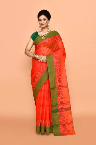 Pure cotton buti work tant tangail saree without blouse fabric