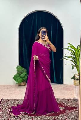 Rani Pink  COLOUR BEAUTIFUL GEORGETTE FABRIC GOWN STYLE STITCHED SAREE 2